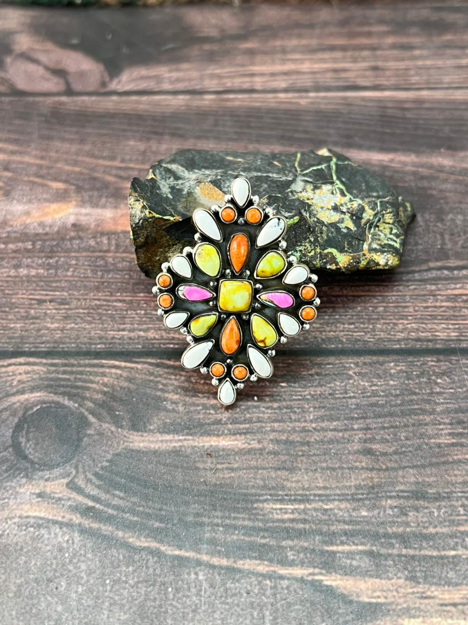 Handmade Sterling Silver Spring Collection: Palomino Turquoise with Orange Mojave, Cotton Candy and White Buffalo Adjustable Ring "Signed Nizhoni"