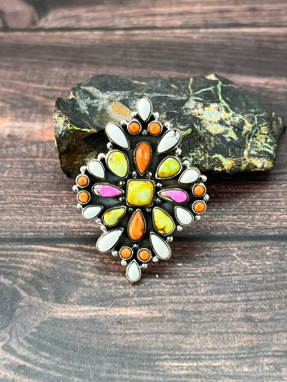 Handmade Sterling Silver Spring Collection: Palomino Turquoise with Orange Mojave, Cotton Candy and White Buffalo Adjustable Ring "Signed Nizhoni"