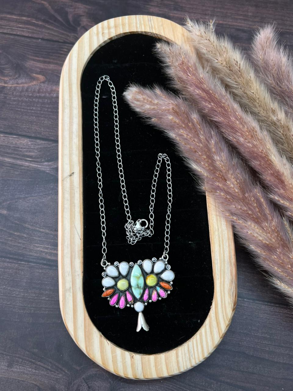 Handmade Sterling Silver Spring Collection: Palomino Turquoise with Cotton Candy, Orange Mojave and White Buffalo Squash Blossom Necklace "Signed Nizhoni"