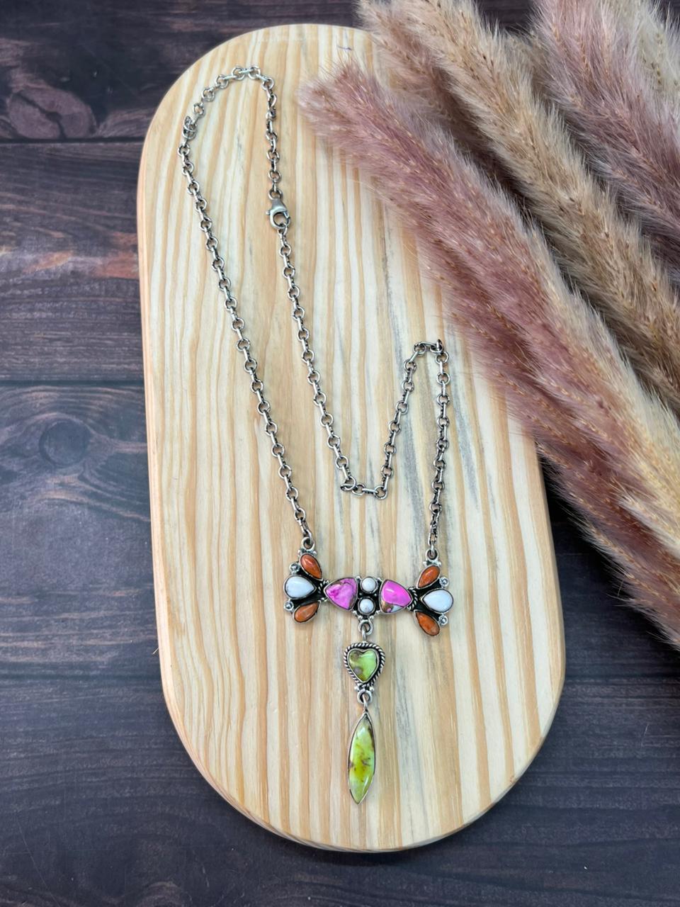 Handmade Sterling Silver Spring Collection: Palomino Turquoise with Cotton Candy, Orange Mojave and White Buffalo Necklace "Signed Nizhoni"