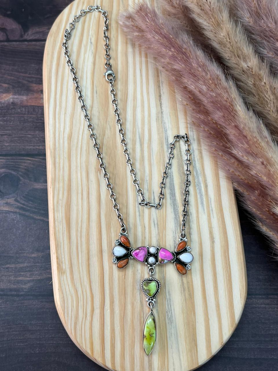 Handmade Sterling Silver Spring Collection: Palomino Turquoise with Cotton Candy, Orange Mojave and White Buffalo Necklace "Signed Nizhoni"