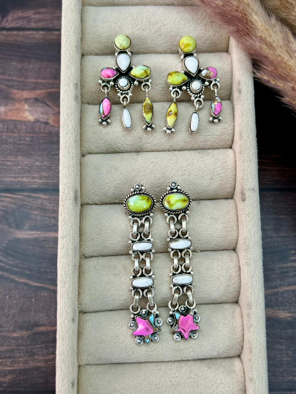 Handmade Sterling Silver Spring Collection: Palomino Turquoise with Cotton Candy and White Buffalo Post Dangle Earrings "Signed Nizhoni"
