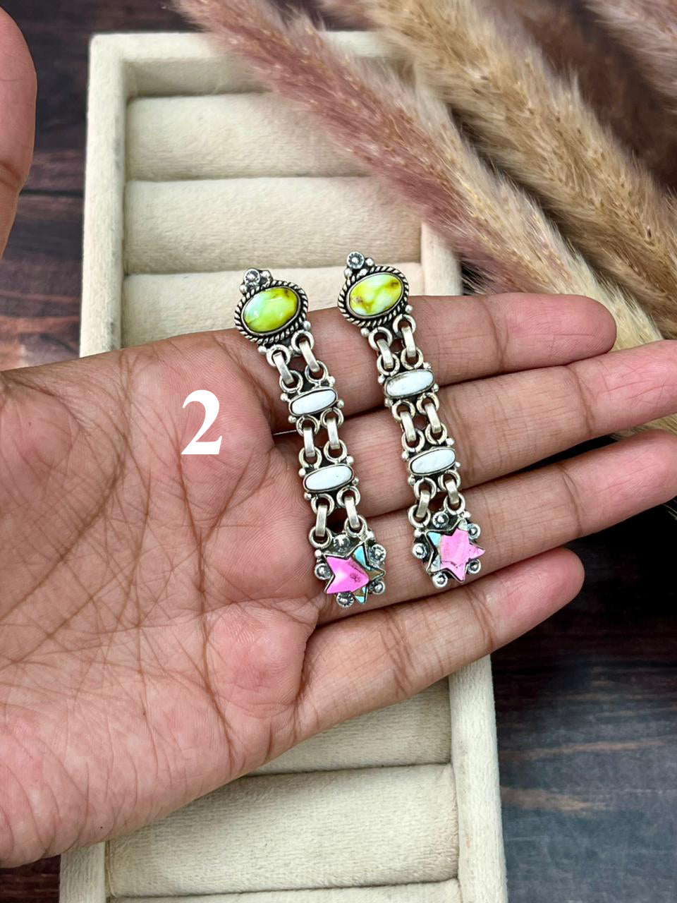 Handmade Sterling Silver Spring Collection: Palomino Turquoise with Cotton Candy and White Buffalo Post Dangle Earrings "Signed Nizhoni"
