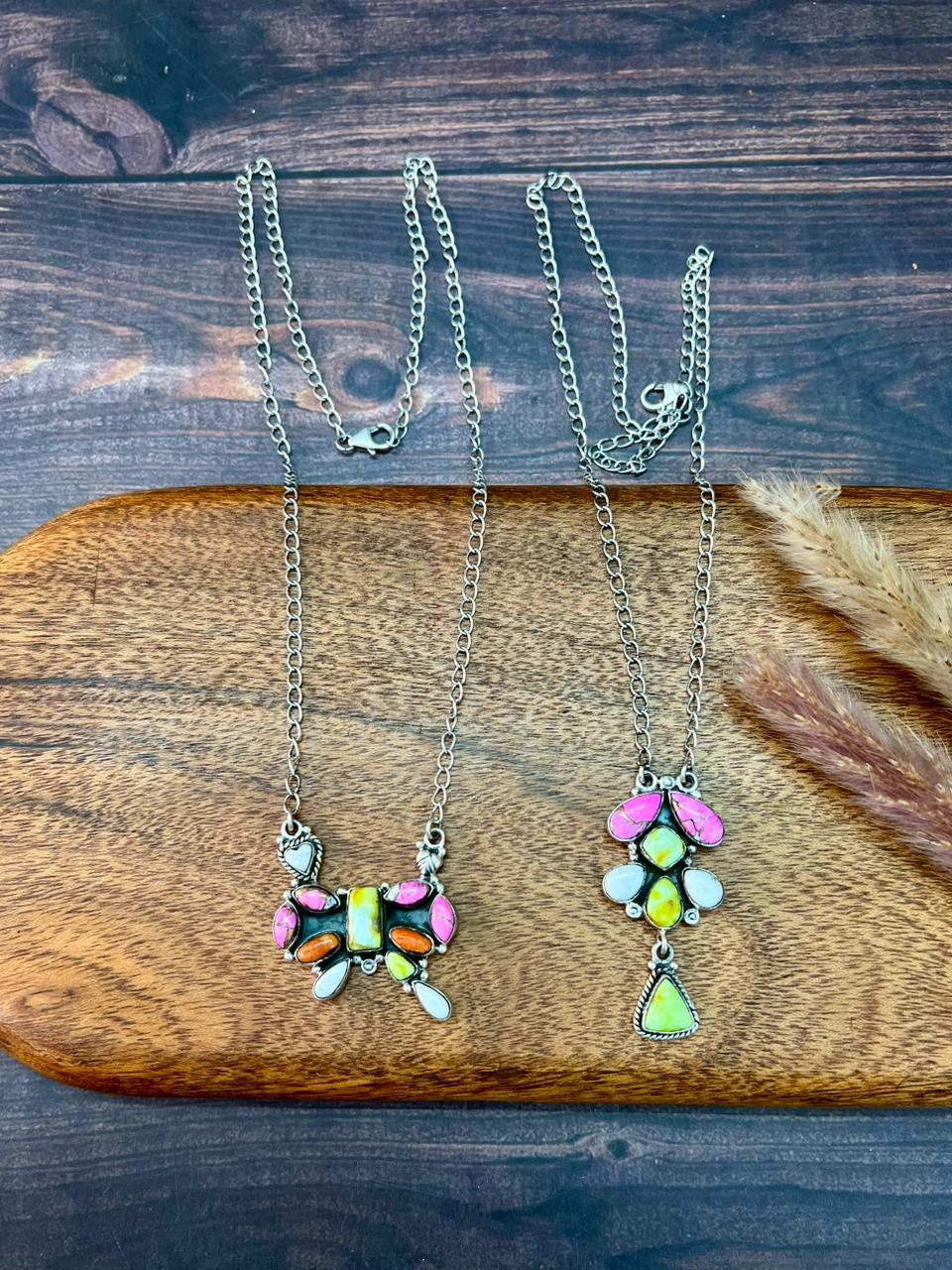 Handmade Sterling Silver Spring Collection: Palomino Turquoise with Cotton Candy, Orange Mojave and White Buffalo Necklace "Signed Nizhoni"