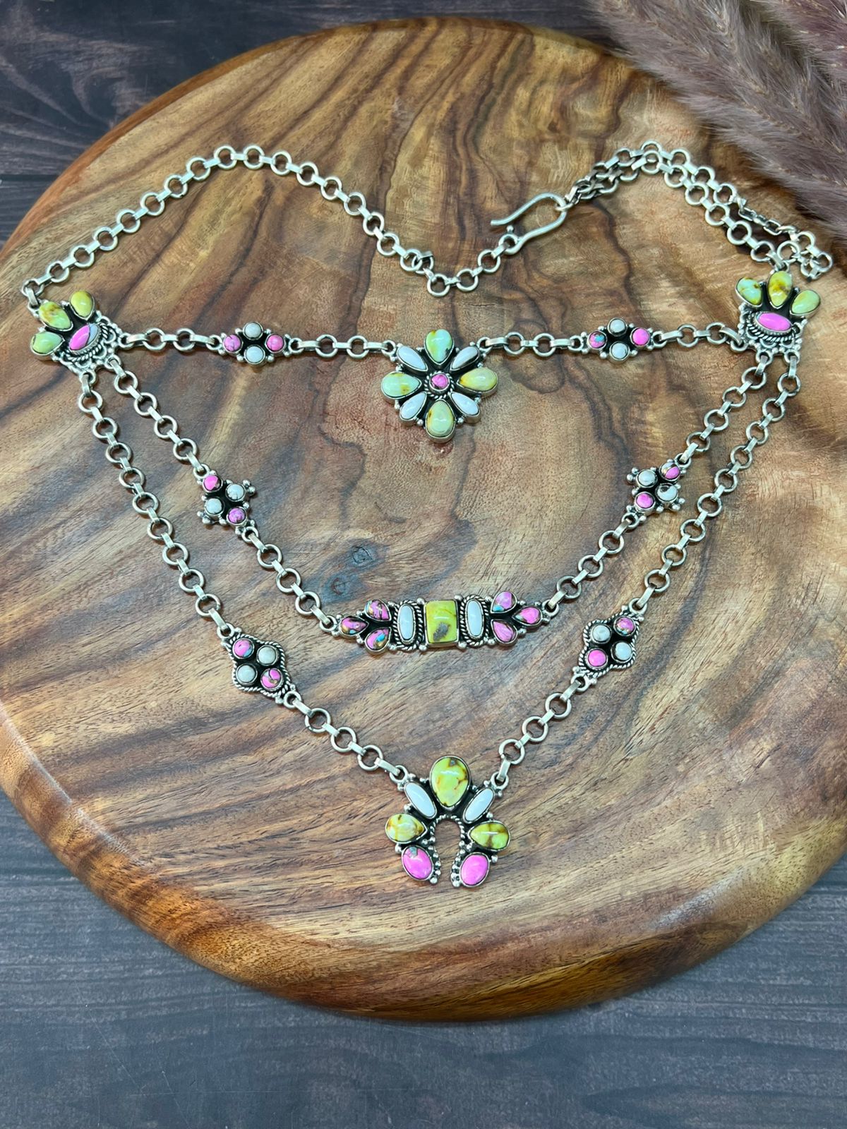 Handmade Sterling Silver Spring Collection: Kingman Turquoise with Cotton Candy and White Buffalo Layerd Necklace "Signed Nizhoni"
