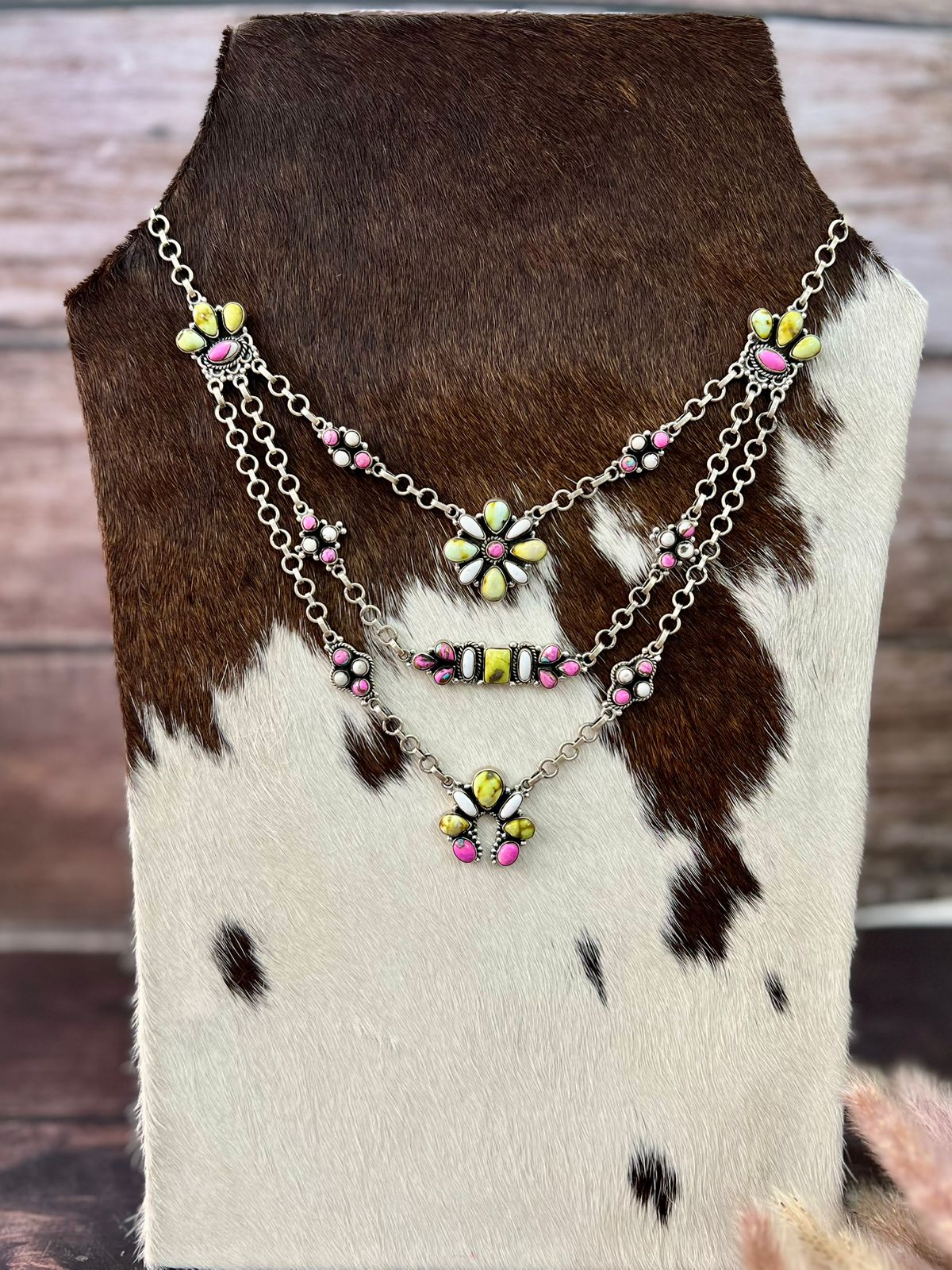 Handmade Sterling Silver Spring Collection: Kingman Turquoise with Cotton Candy and White Buffalo Layerd Necklace "Signed Nizhoni"