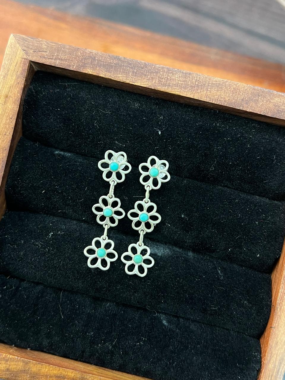 Handmade Sterling Silver Flower Collection: Kingman Turquoise Post Dangle Earrings (6)
