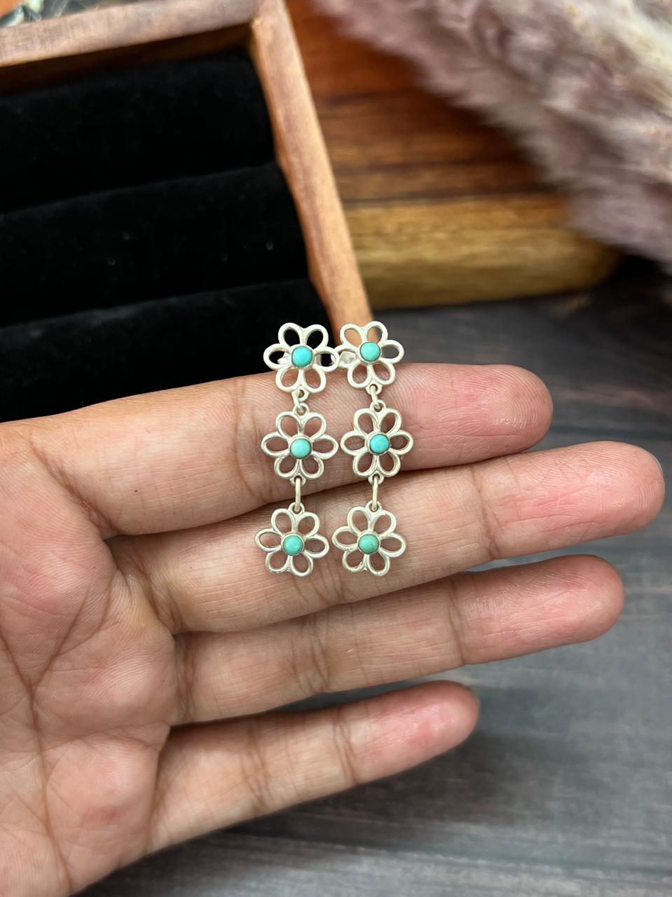 Handmade Sterling Silver Flower Collection: Kingman Turquoise Post Dangle Earrings (6)
