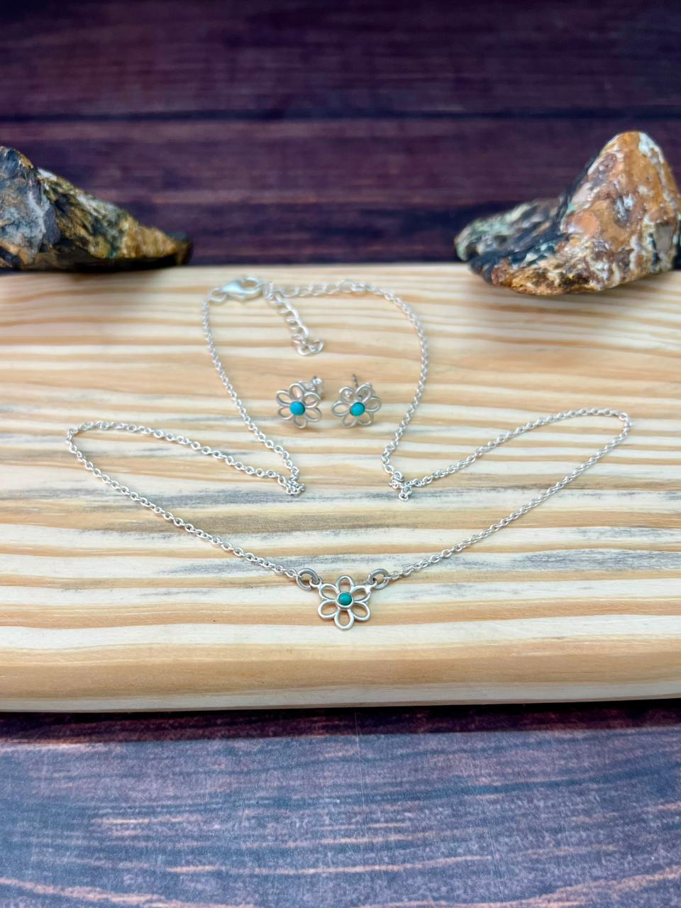 Handmade Sterling Silver Flower Collection: Kingman Turquoise Necklace Earrings Set
