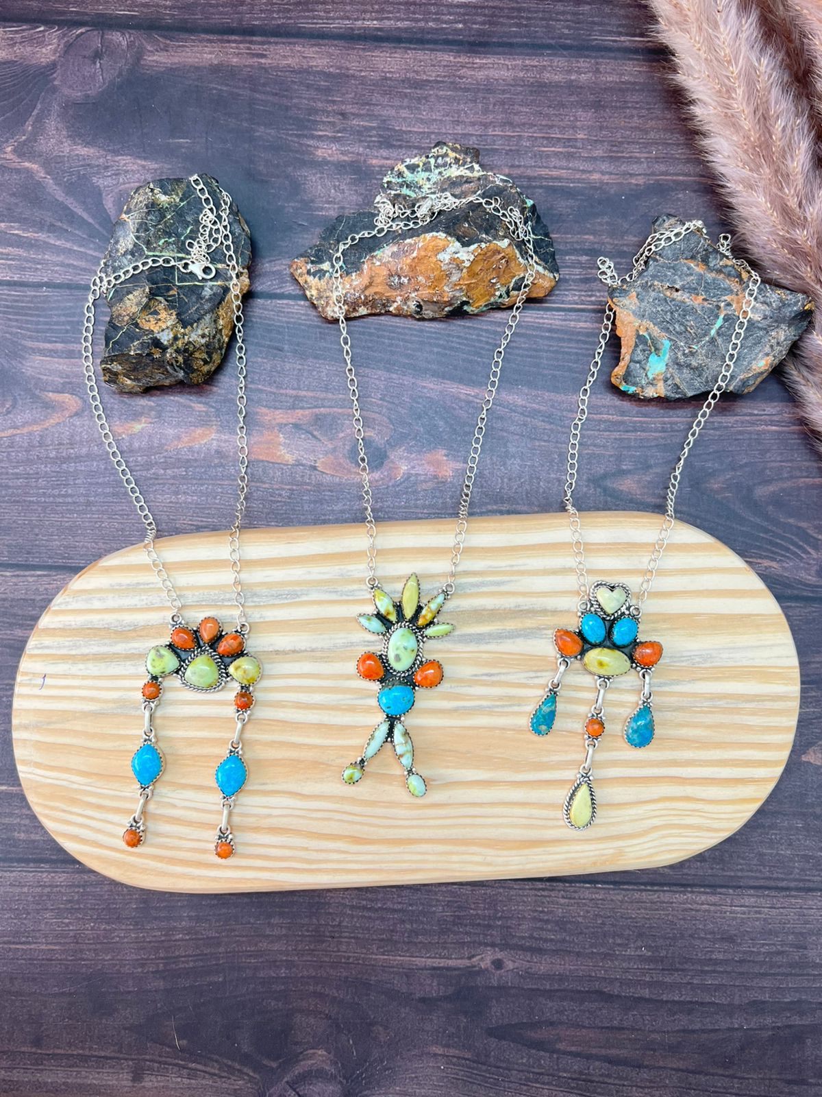 Handmade Sterling Silver Multi Stone Collection: Palomino with Orange Mojave and Arizona Blue Turquoise Necklace "Signed Nizhoni"