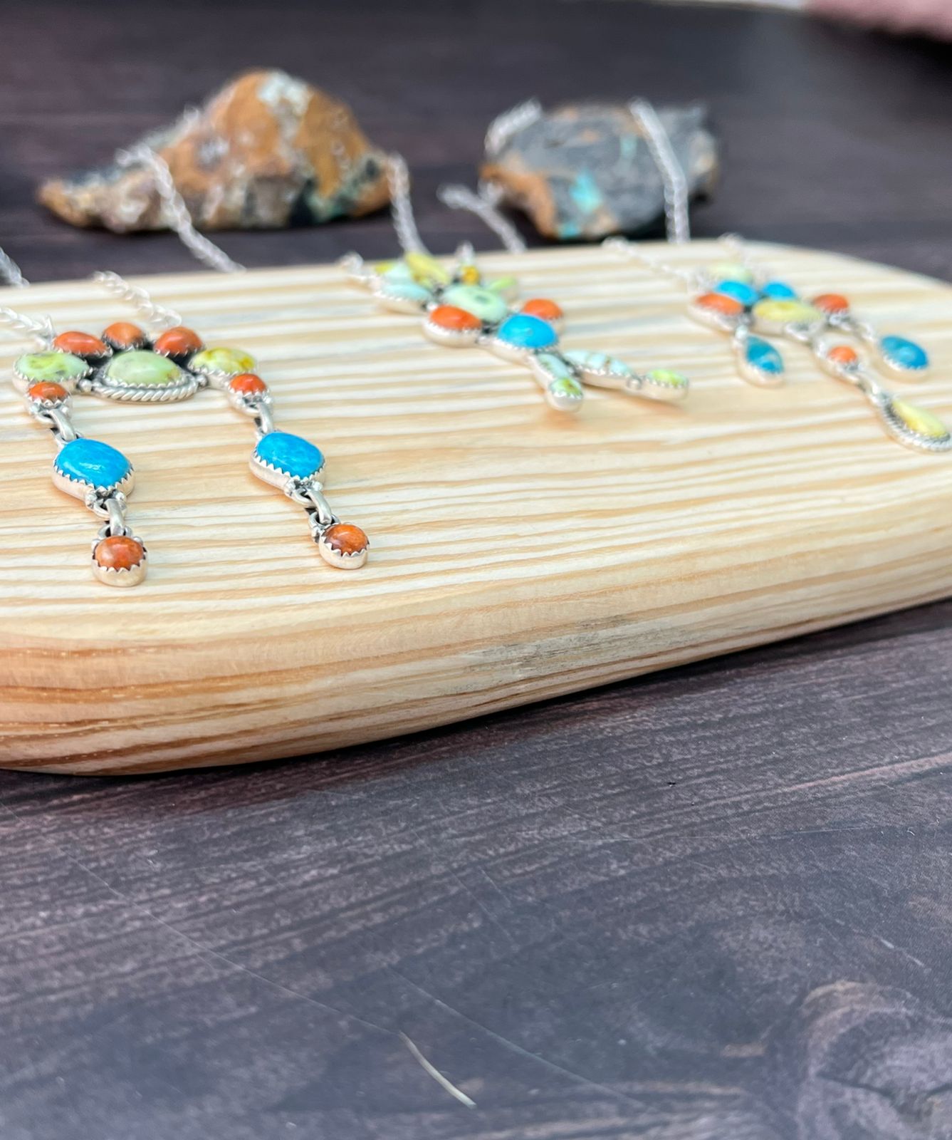 Handmade Sterling Silver Multi Stone Collection: Palomino with Orange Mojave and Arizona Blue Turquoise Necklace "Signed Nizhoni"