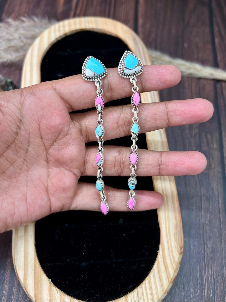 Handmade Sterling Silver Cotton Candy Post Dangle Earrings "Signed Nizhoni" (9)