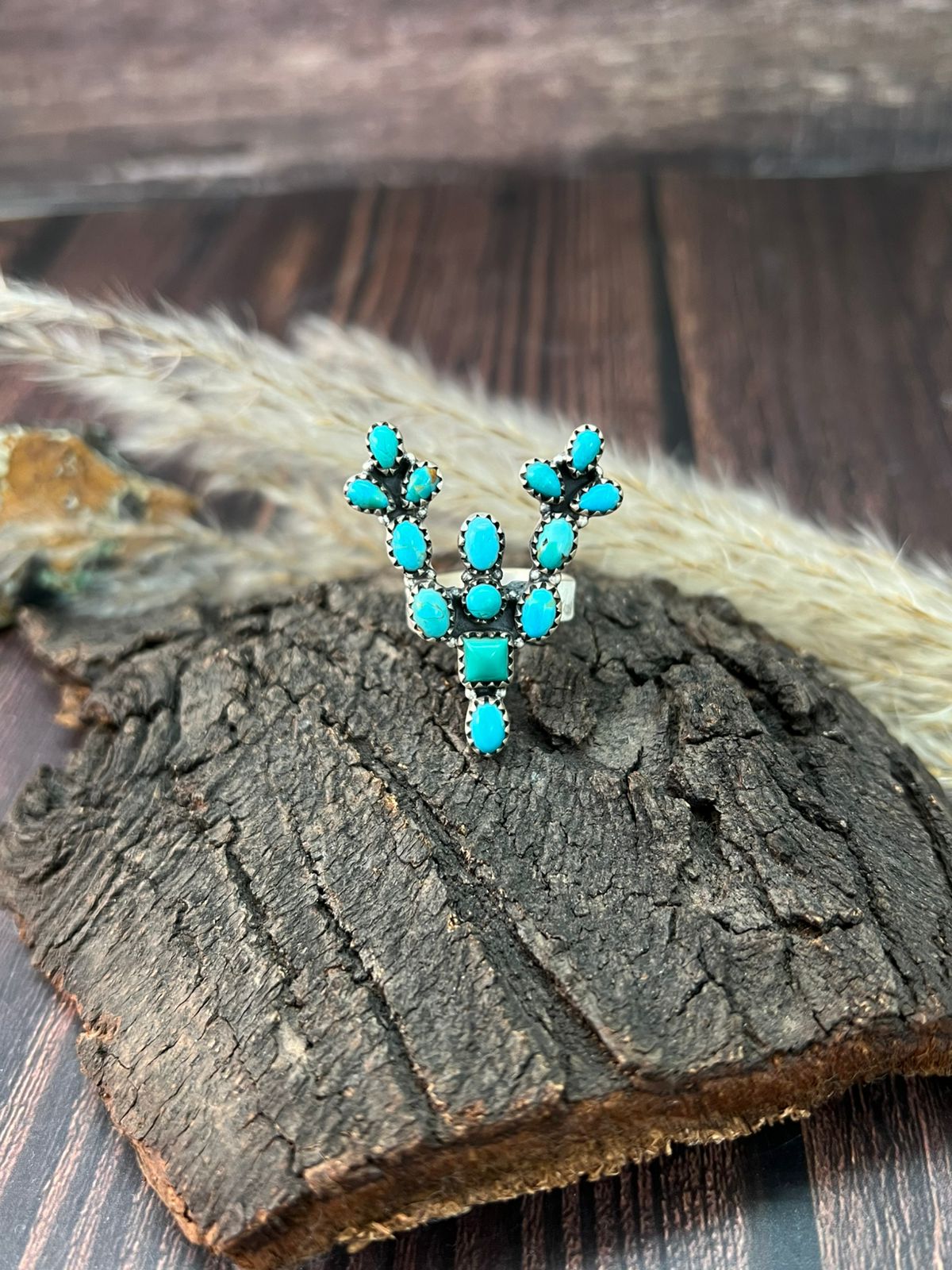 Handmade Sterling Silver Kingman Turquoise Cactus Adjustable Ring "Signed Nizhoni"