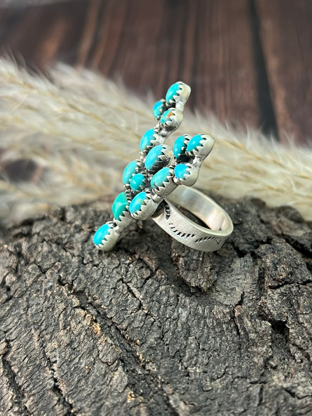 Handmade Sterling Silver Kingman Turquoise Cactus Adjustable Ring "Signed Nizhoni"