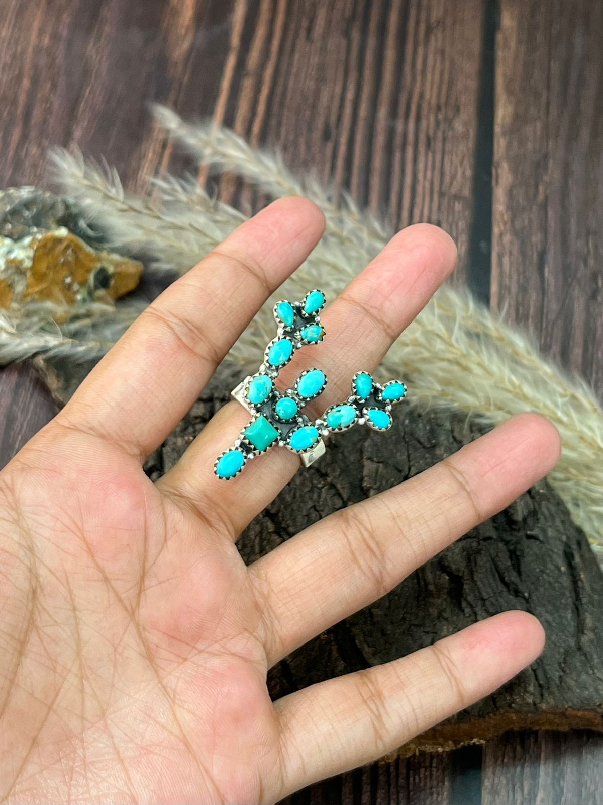 Handmade Sterling Silver Kingman Turquoise Cactus Adjustable Ring "Signed Nizhoni"