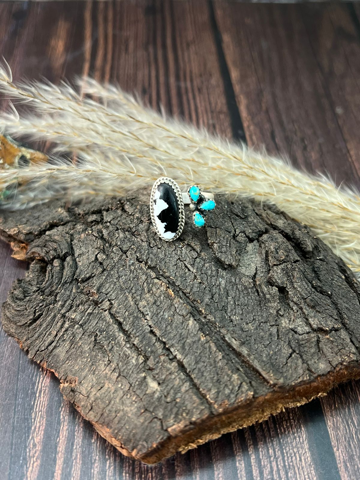 Handmade Sterling Silver Kingman Turquoise with White Buffalo Adjustable Ring "Signed Nizhoni"