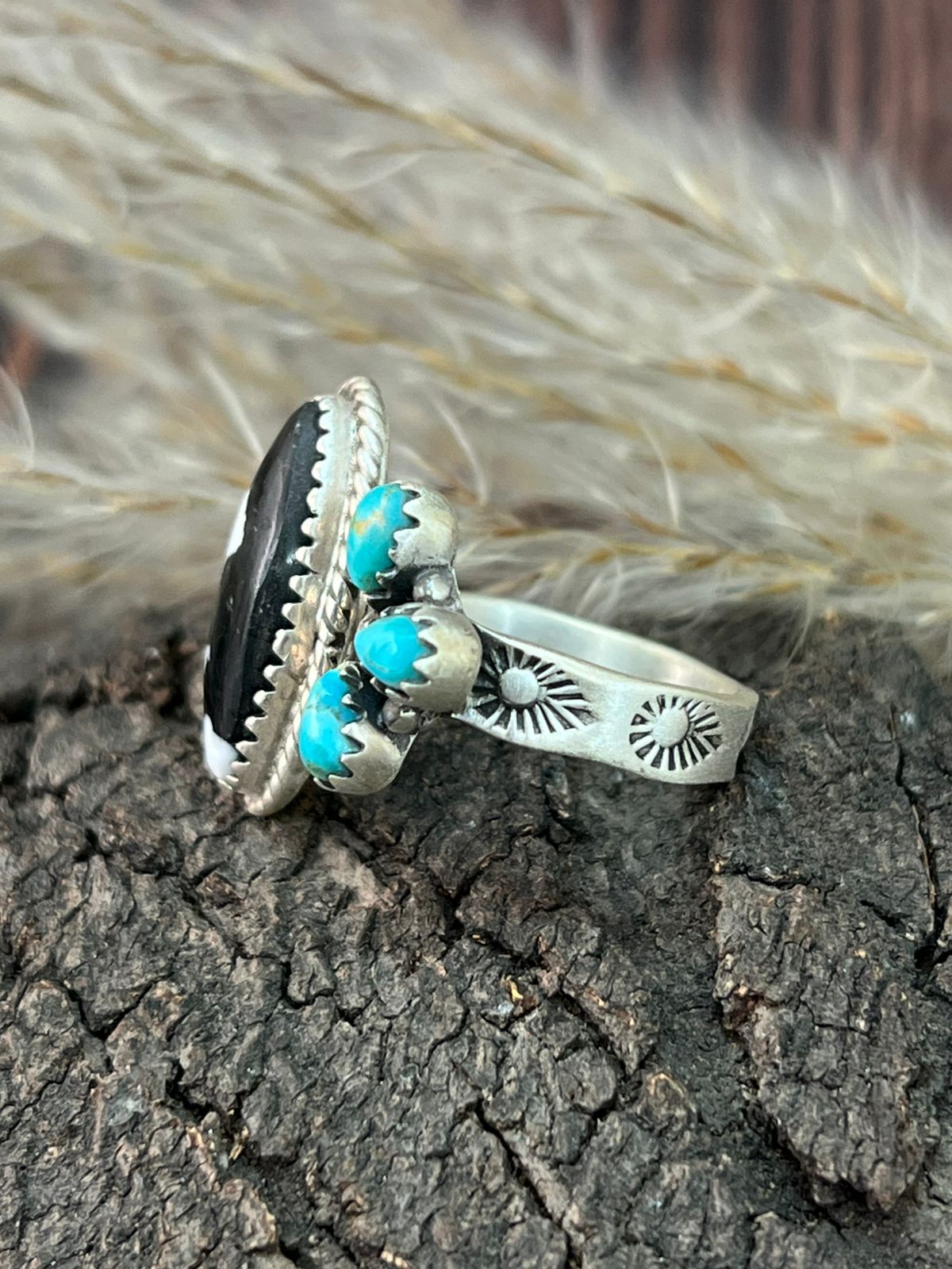 Handmade Sterling Silver Kingman Turquoise with White Buffalo Adjustable Ring "Signed Nizhoni"