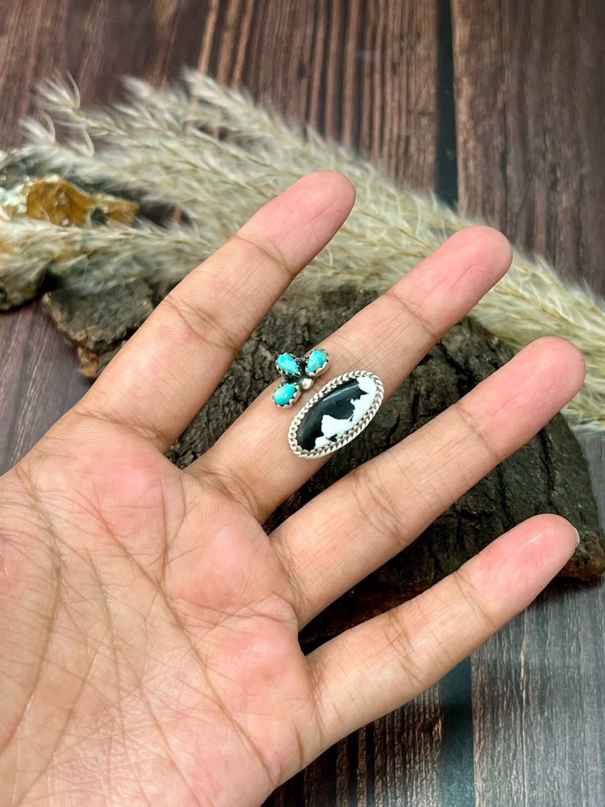Handmade Sterling Silver Kingman Turquoise with White Buffalo Adjustable Ring "Signed Nizhoni"
