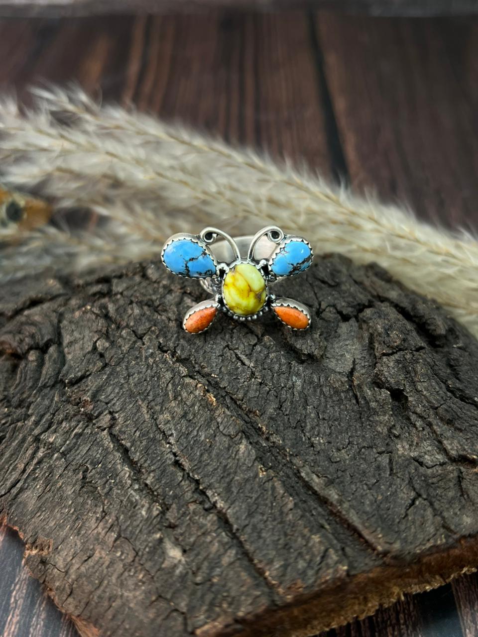 Handmade Sterling Silver Palomino with Golden Hills Turquoise and Orange Mojave Butterfly Adjustable Ring "Signed Nizhoni"