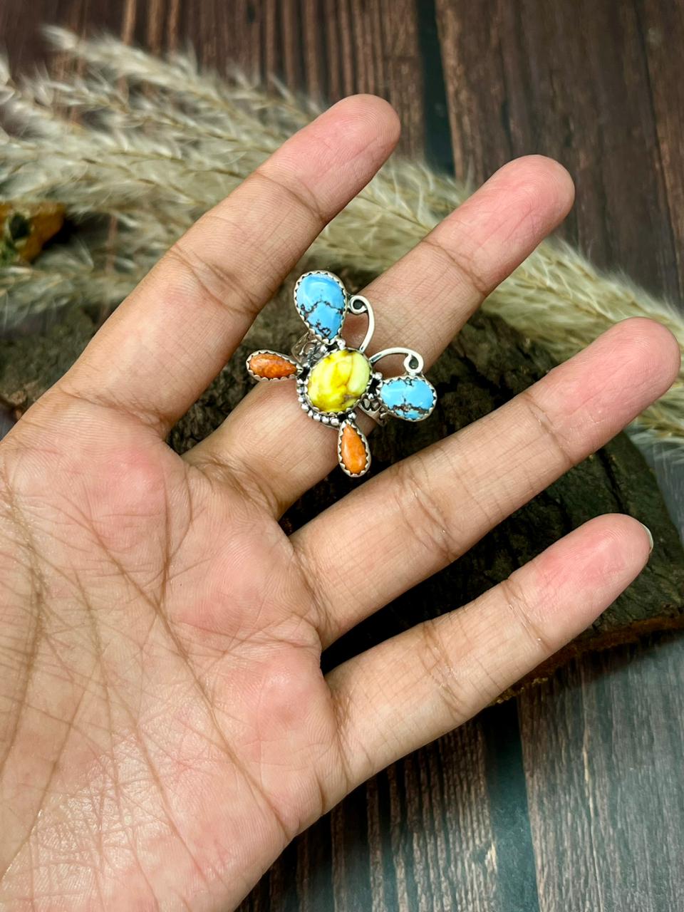 Handmade Sterling Silver Palomino with Golden Hills Turquoise and Orange Mojave Butterfly Adjustable Ring "Signed Nizhoni"