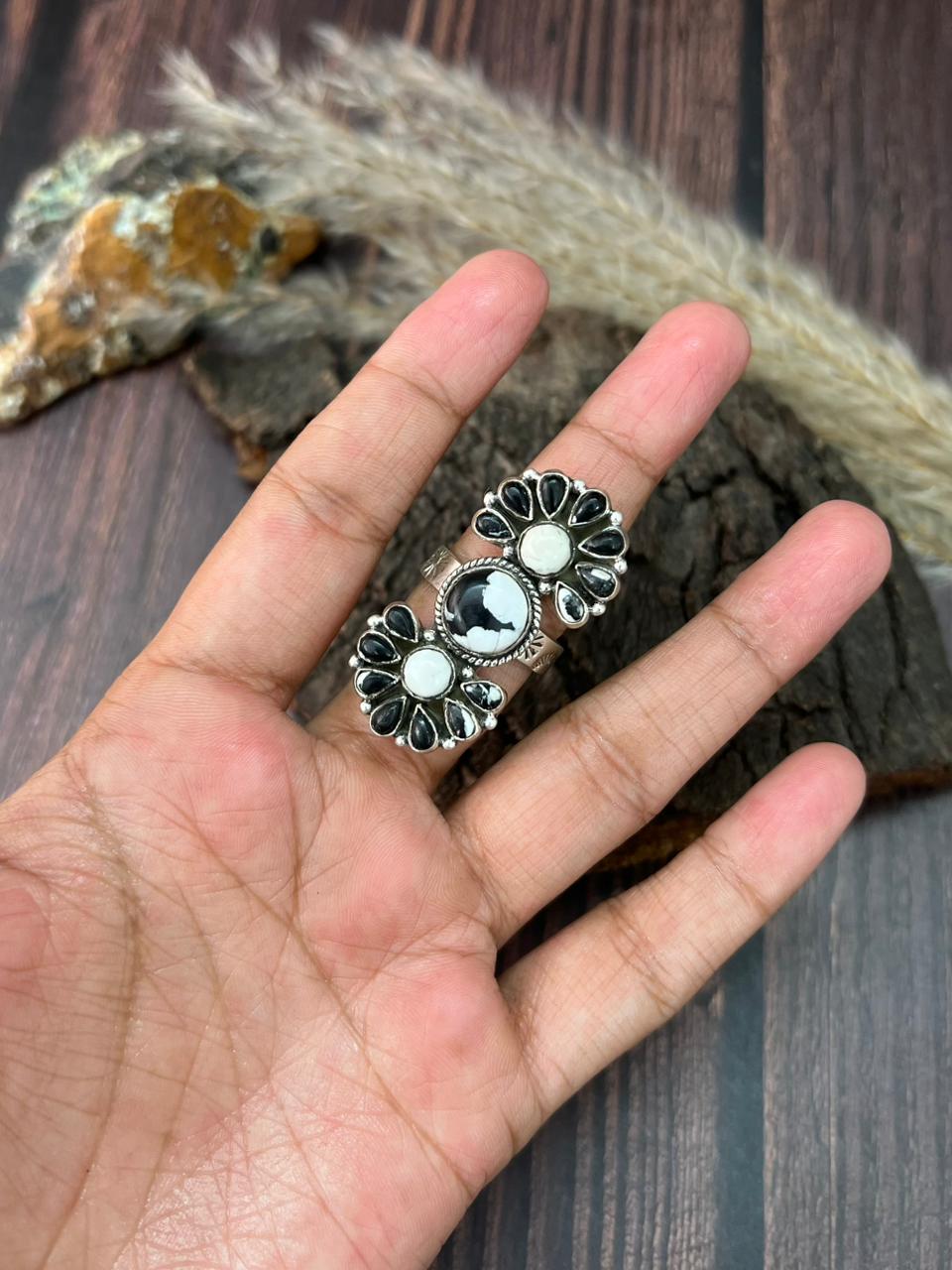 Handmade Sterling Silver White Buffalo Adjustable Ring "Signed Nizhoni"