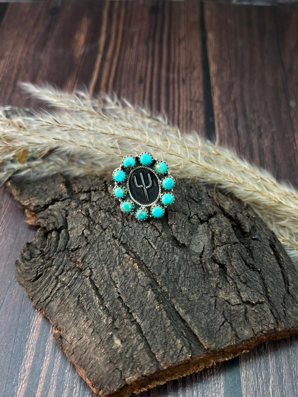 Handmade Sterling Silver Kingman Turquoise Cactus cAdjustable Ring "Signed Nizhoni"