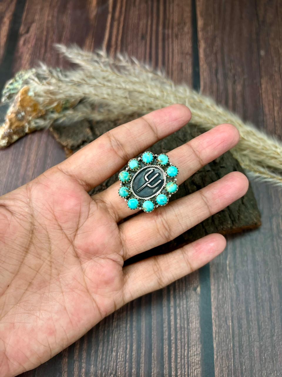 Handmade Sterling Silver Kingman Turquoise Cactus cAdjustable Ring "Signed Nizhoni"
