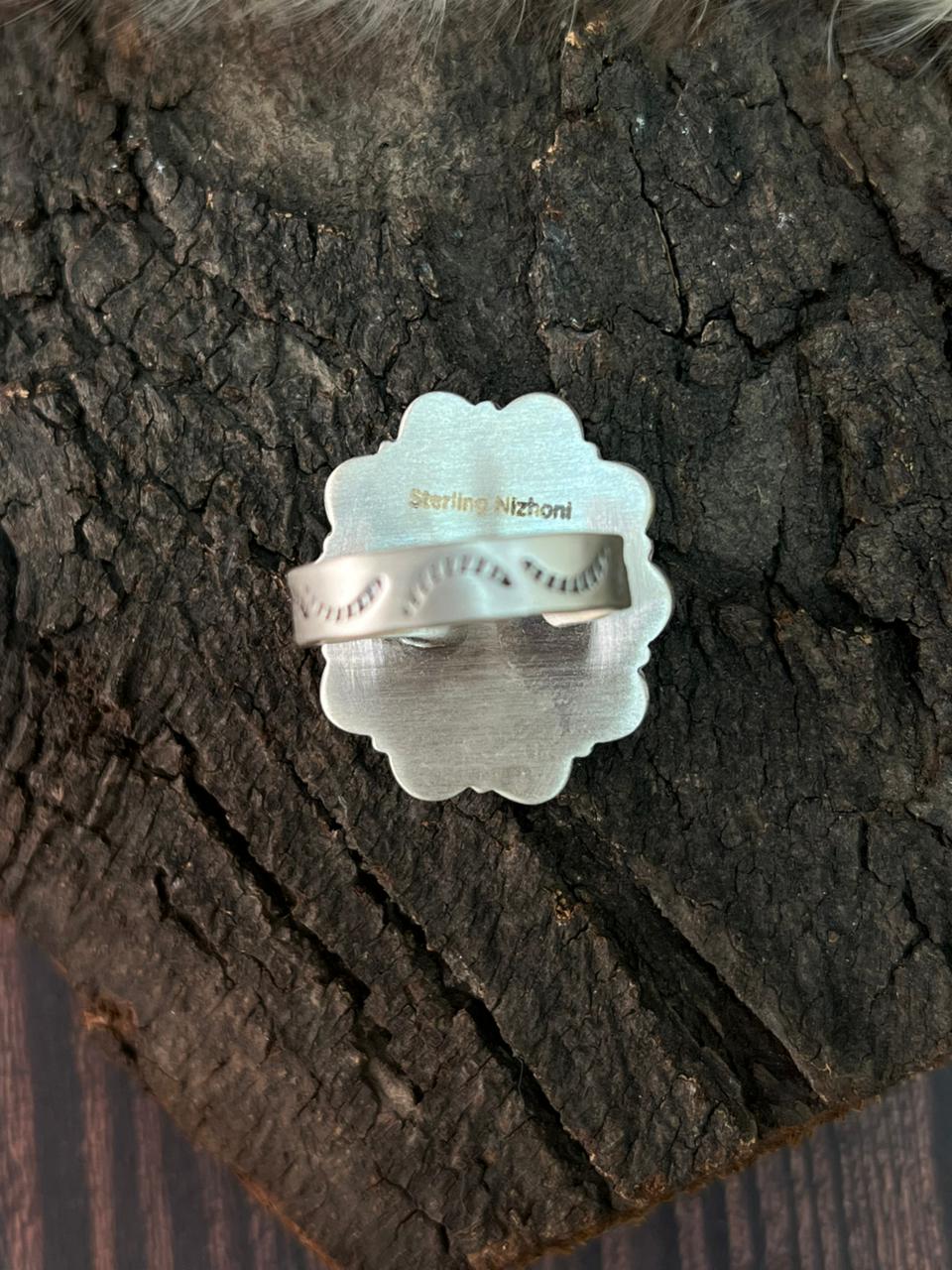 Handmade Sterling Silver Kingman Turquoise Cactus cAdjustable Ring "Signed Nizhoni"