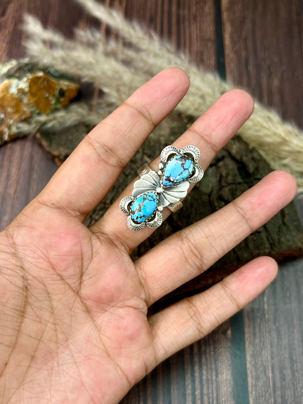 Handmade Sterling Silver Golden Hills Turquoise Adjustable Ring "Signed Nizhoni"