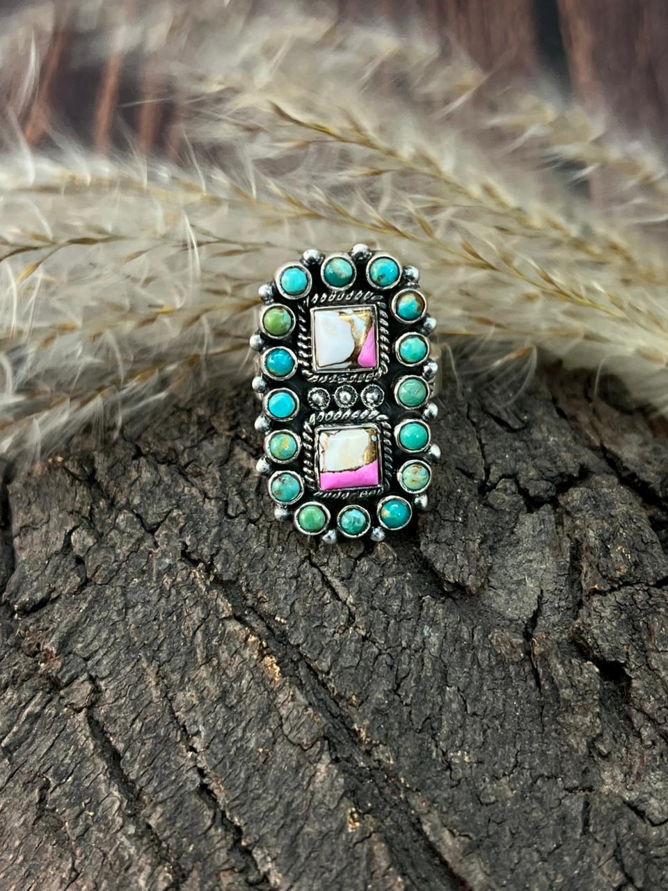 Handmade Sterling Silver Kingman Turquoise with Cotton Candy Adjustable Ring "Signed Nizhoni"