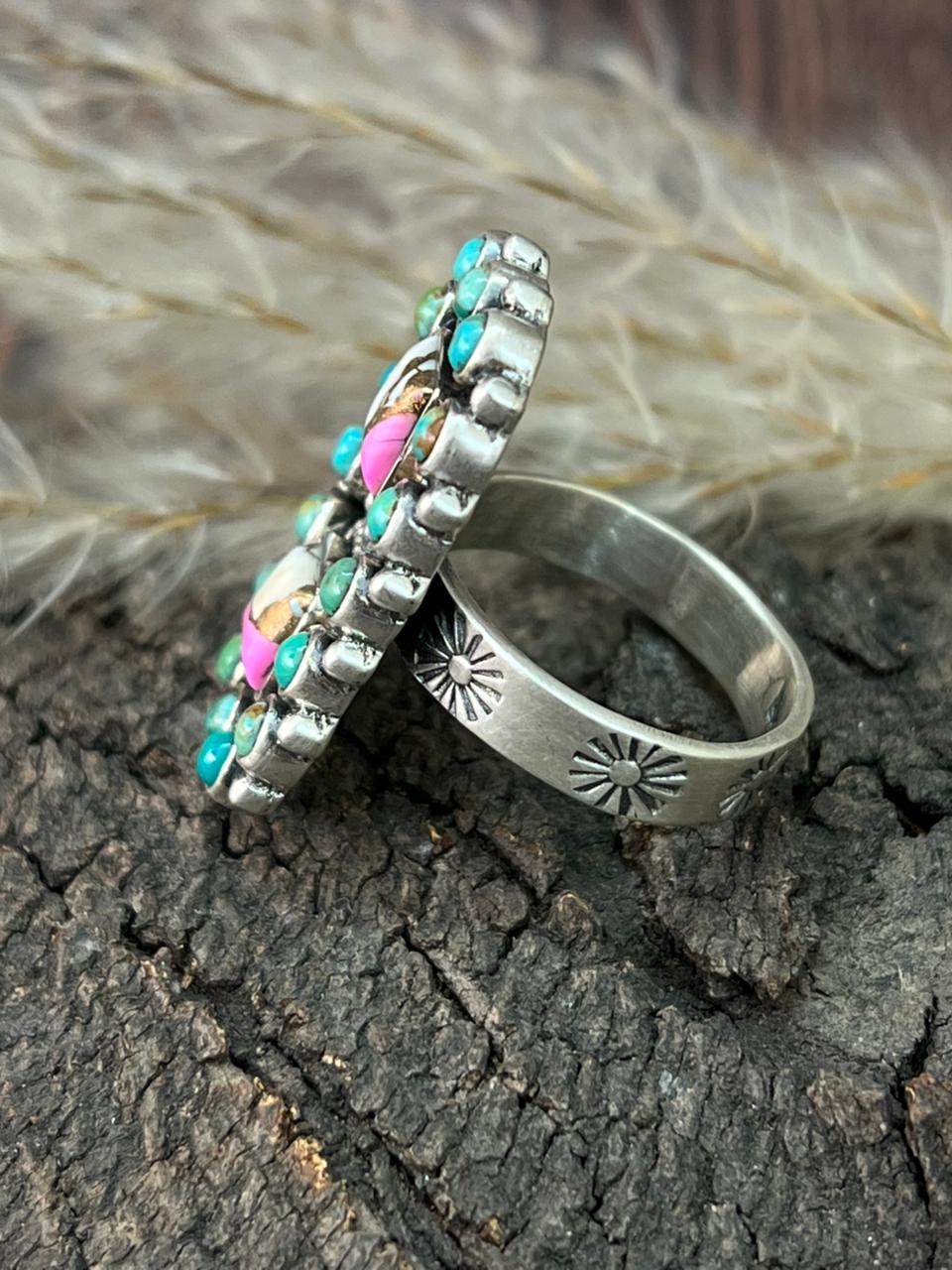 Handmade Sterling Silver Kingman Turquoise with Cotton Candy Adjustable Ring "Signed Nizhoni"
