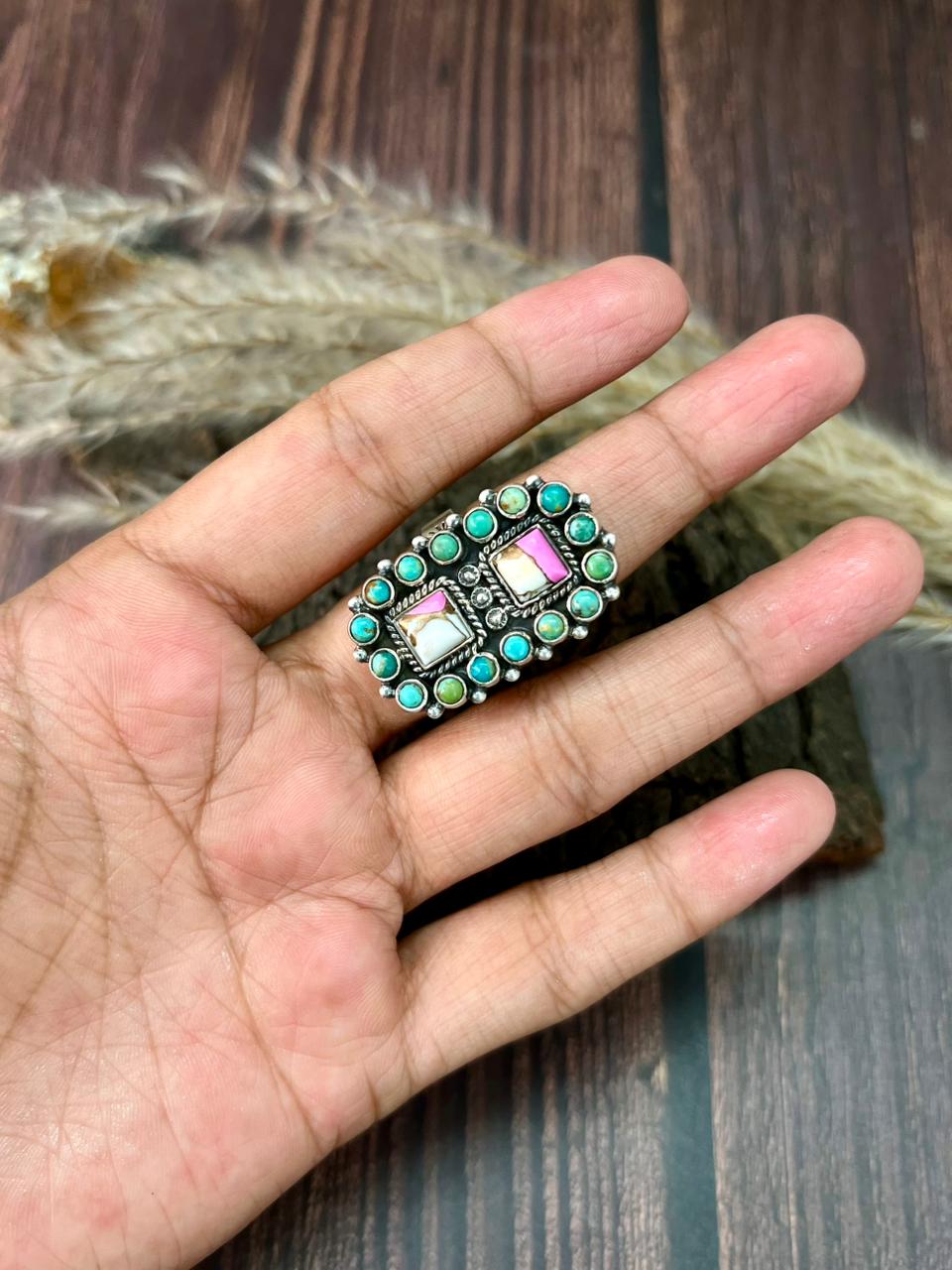 Handmade Sterling Silver Kingman Turquoise with Cotton Candy Adjustable Ring "Signed Nizhoni"