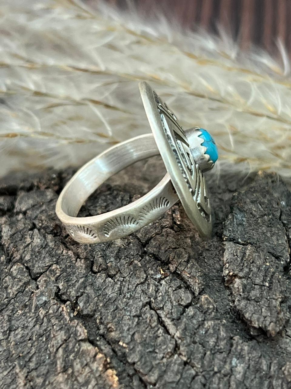 Handmade Sterling Silver Kingman Turquoise Adjustable Ring "Signed Nizhoni"