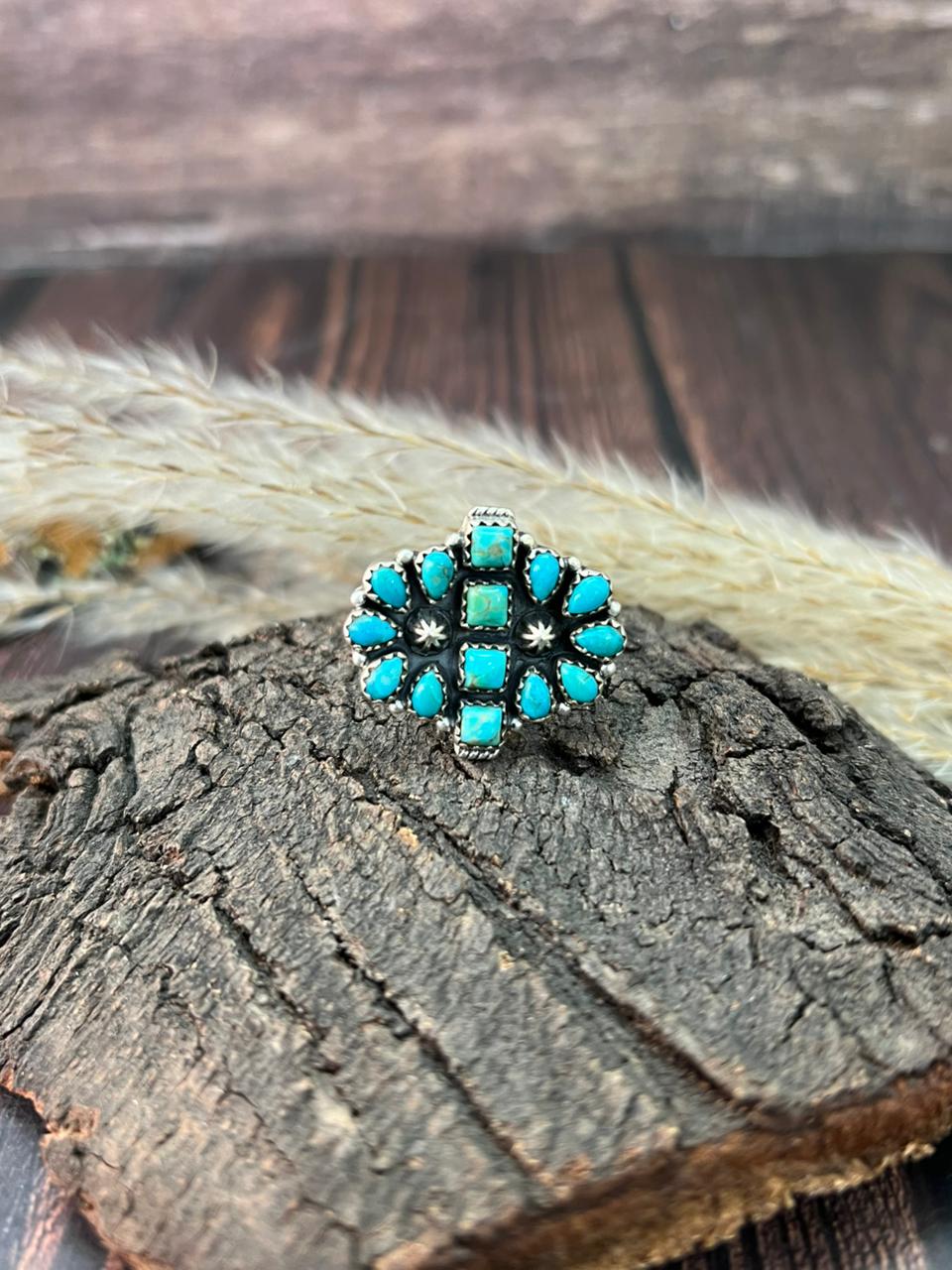 Handmade Sterling Silver Kingman Turquoise Adjustable Ring "Signed Nizhoni"