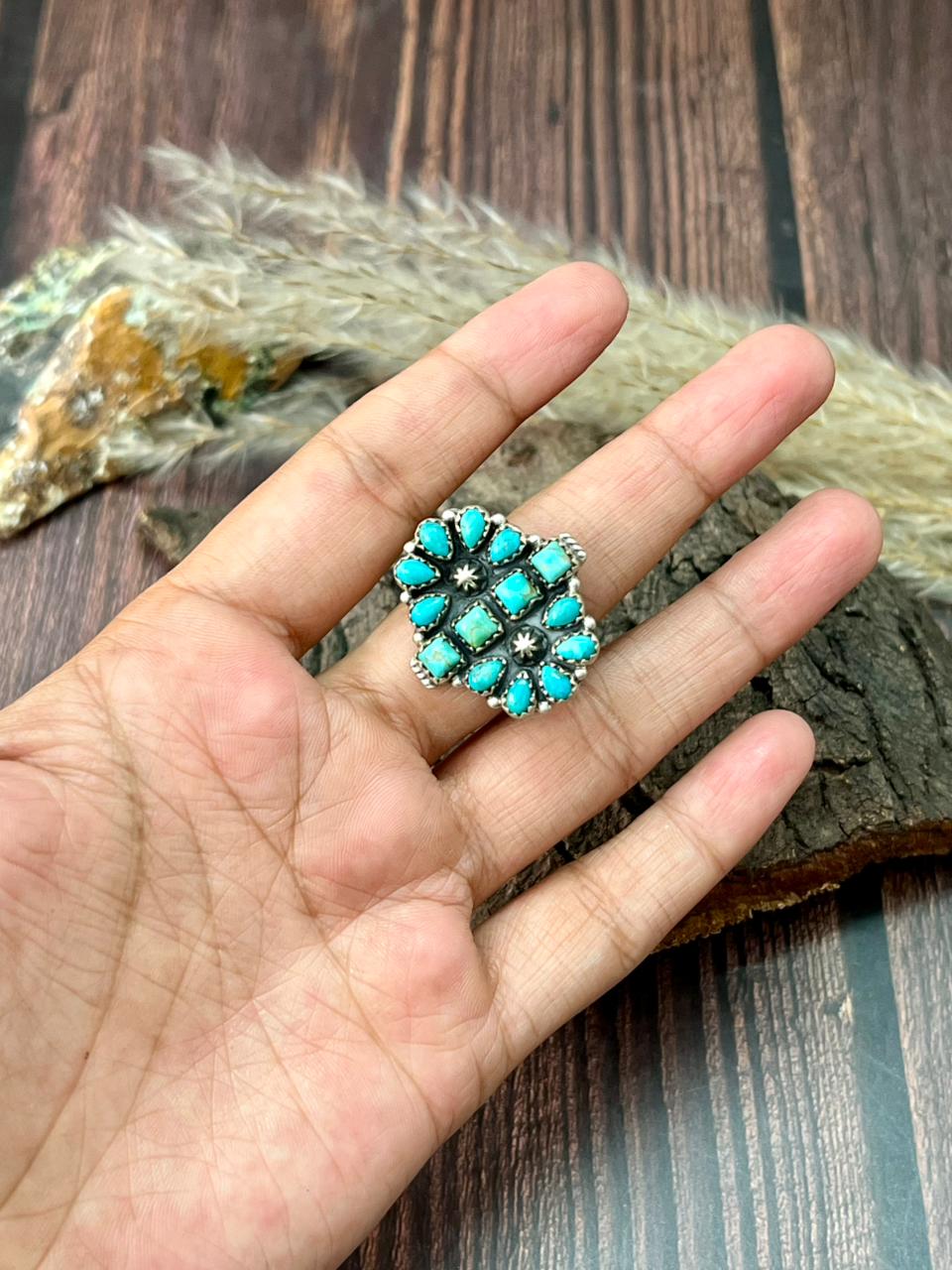 Handmade Sterling Silver Kingman Turquoise Adjustable Ring "Signed Nizhoni"
