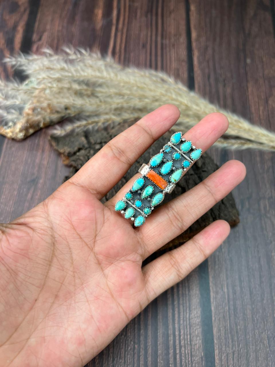 Handmade Sterling Silver Kingman Turquoise with Orange Mojave Adjustable Ring "Signed Nizhoni"