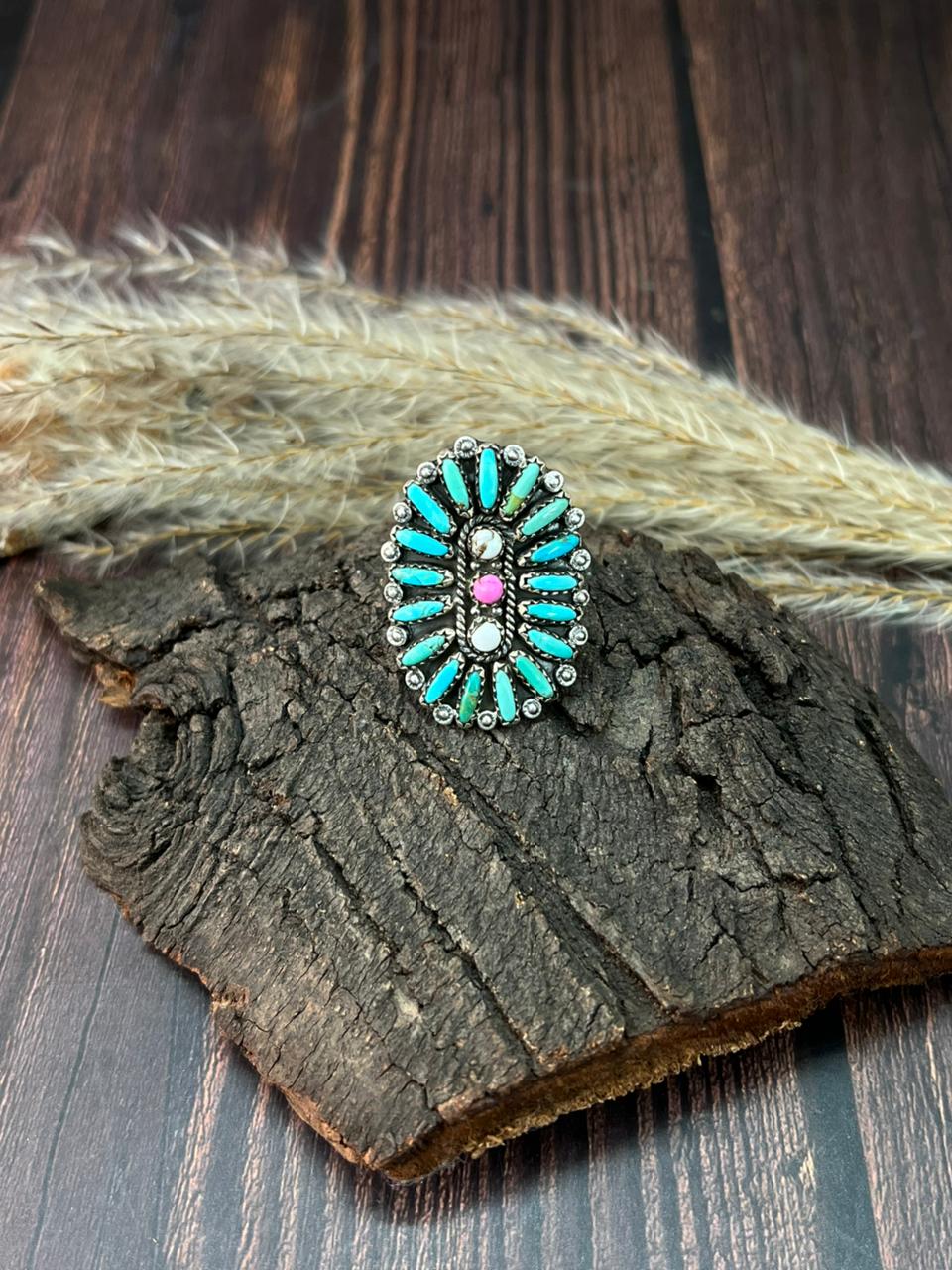 Handmade Sterling Silver Kingman Turquoise with Cotton Candy Adjustable Ring "Signed Nizhoni"
