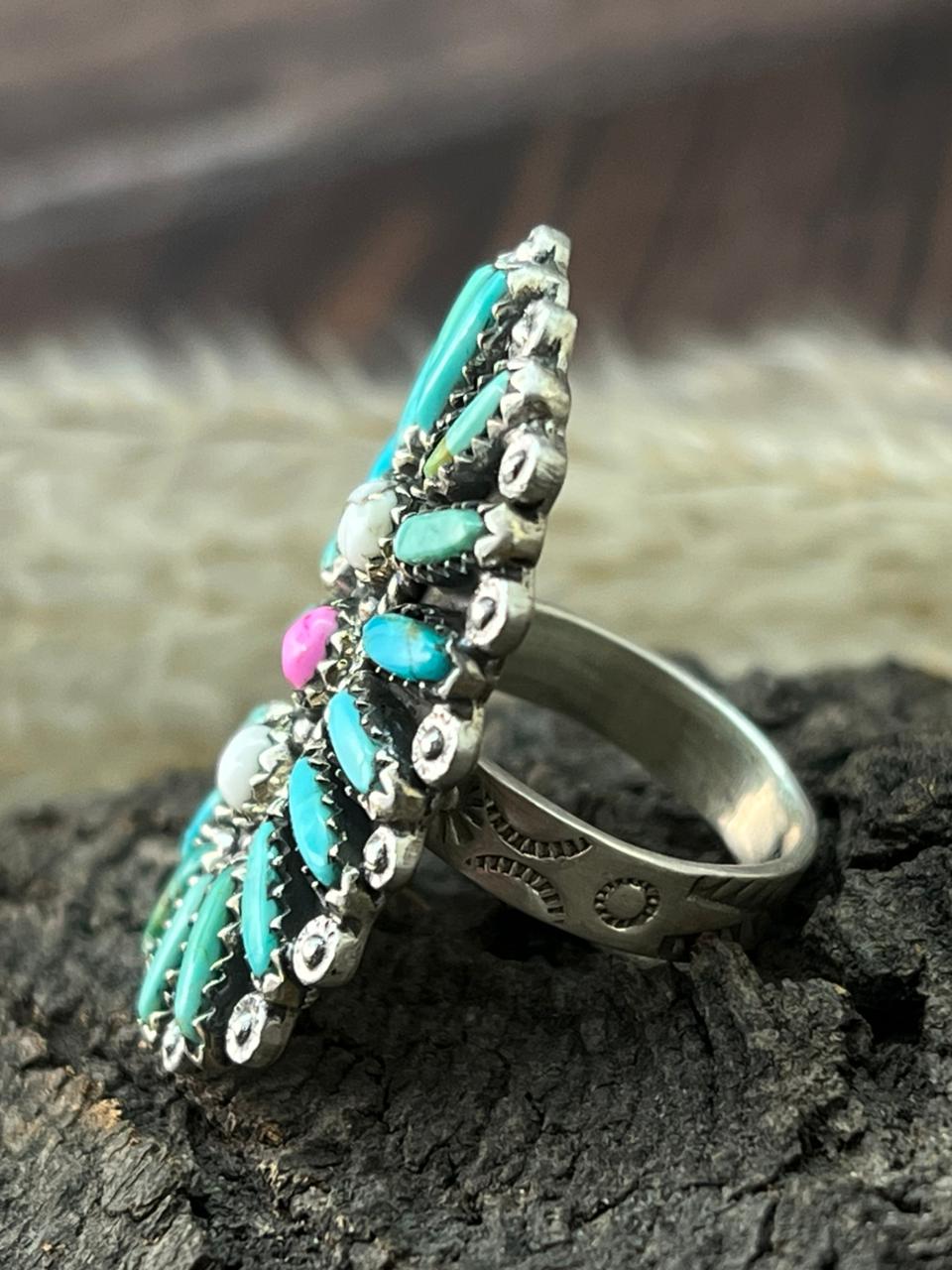 Handmade Sterling Silver Kingman Turquoise with Cotton Candy Adjustable Ring "Signed Nizhoni"