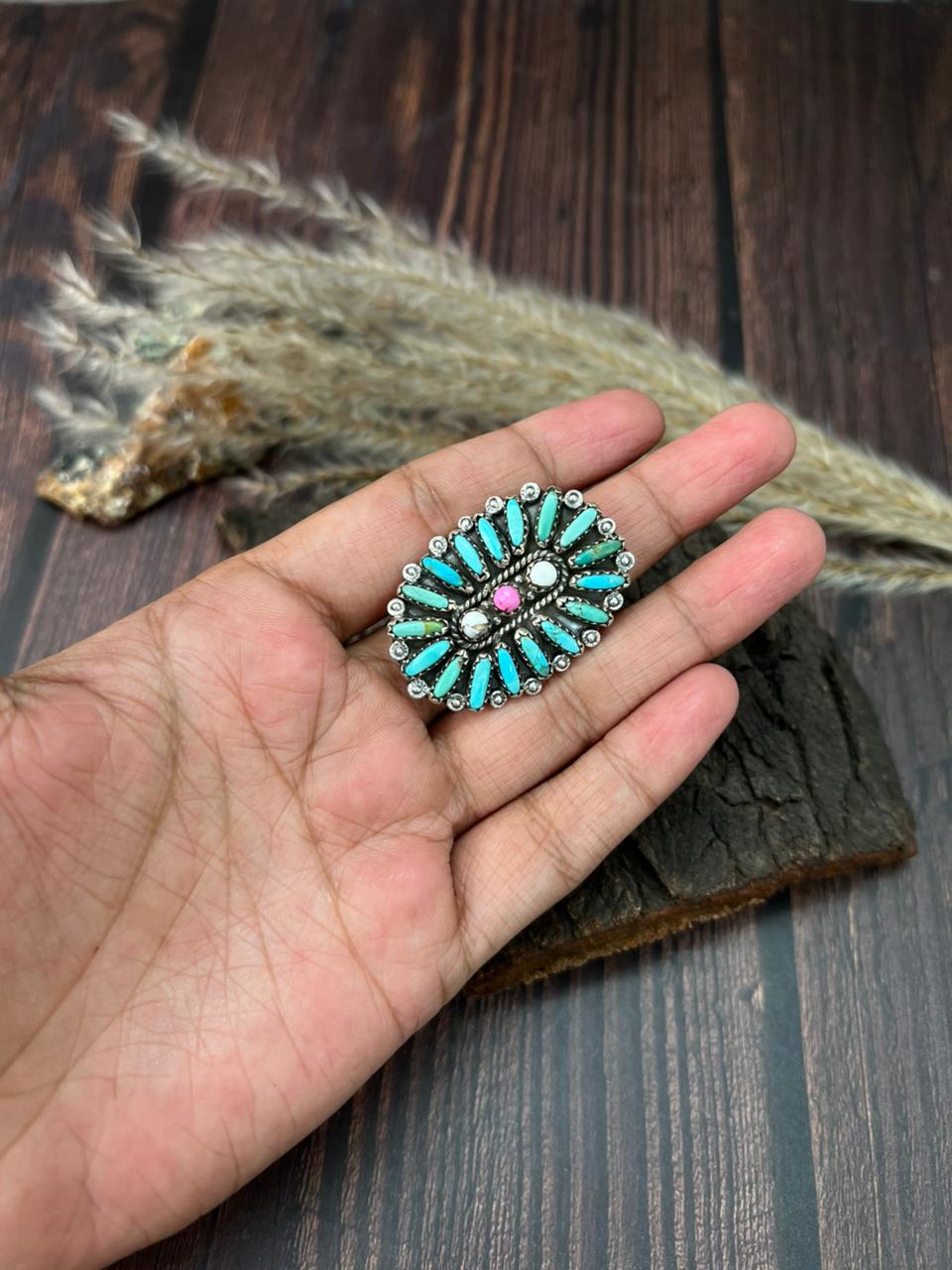 Handmade Sterling Silver Kingman Turquoise with Cotton Candy Adjustable Ring "Signed Nizhoni"