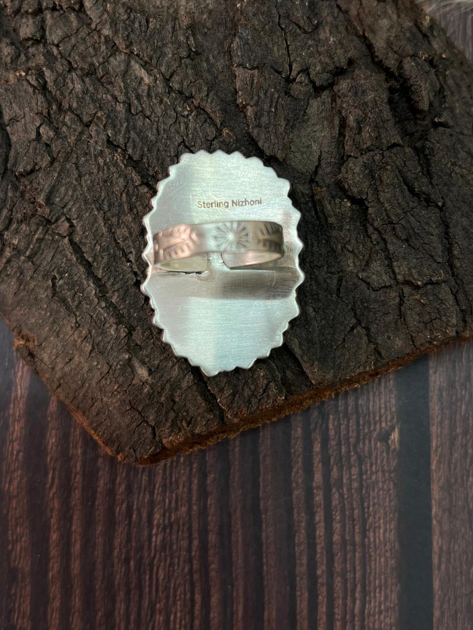 Handmade Sterling Silver Kingman Turquoise with Cotton Candy Adjustable Ring "Signed Nizhoni"