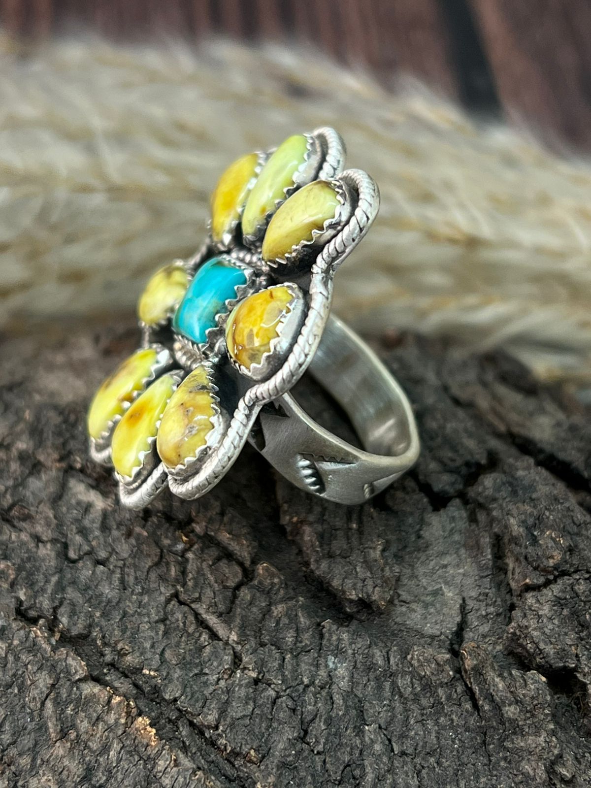 Handmade Sterling Silver Palomino with Kingman Turquoise Adjustable Ring "Signed Nizhoni"