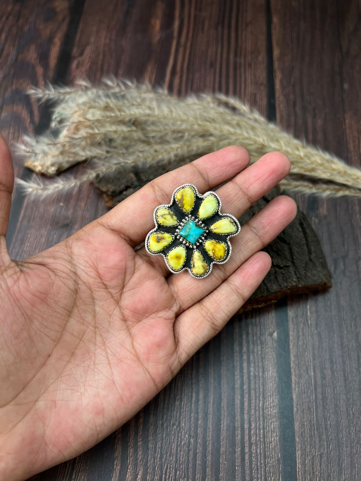 Handmade Sterling Silver Palomino with Kingman Turquoise Adjustable Ring "Signed Nizhoni"
