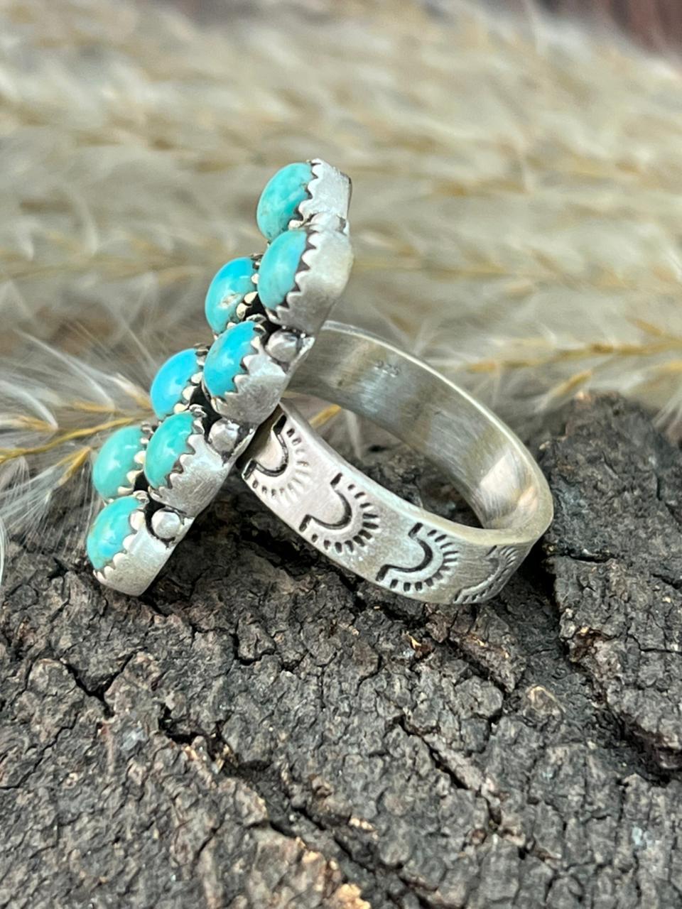 Handmade Sterling Silver Kingman Turquoise Bar Adjustable Ring "Signed Nizhoni"