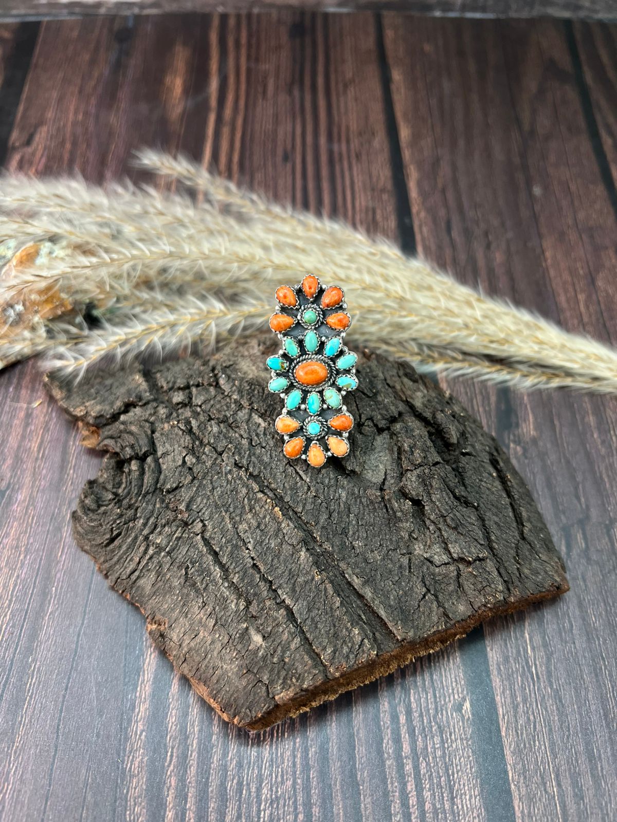 Handmade Sterling Silver Kingman Turquoise with Orange Mojave Adjustable Ring "Signed Nizhoni"