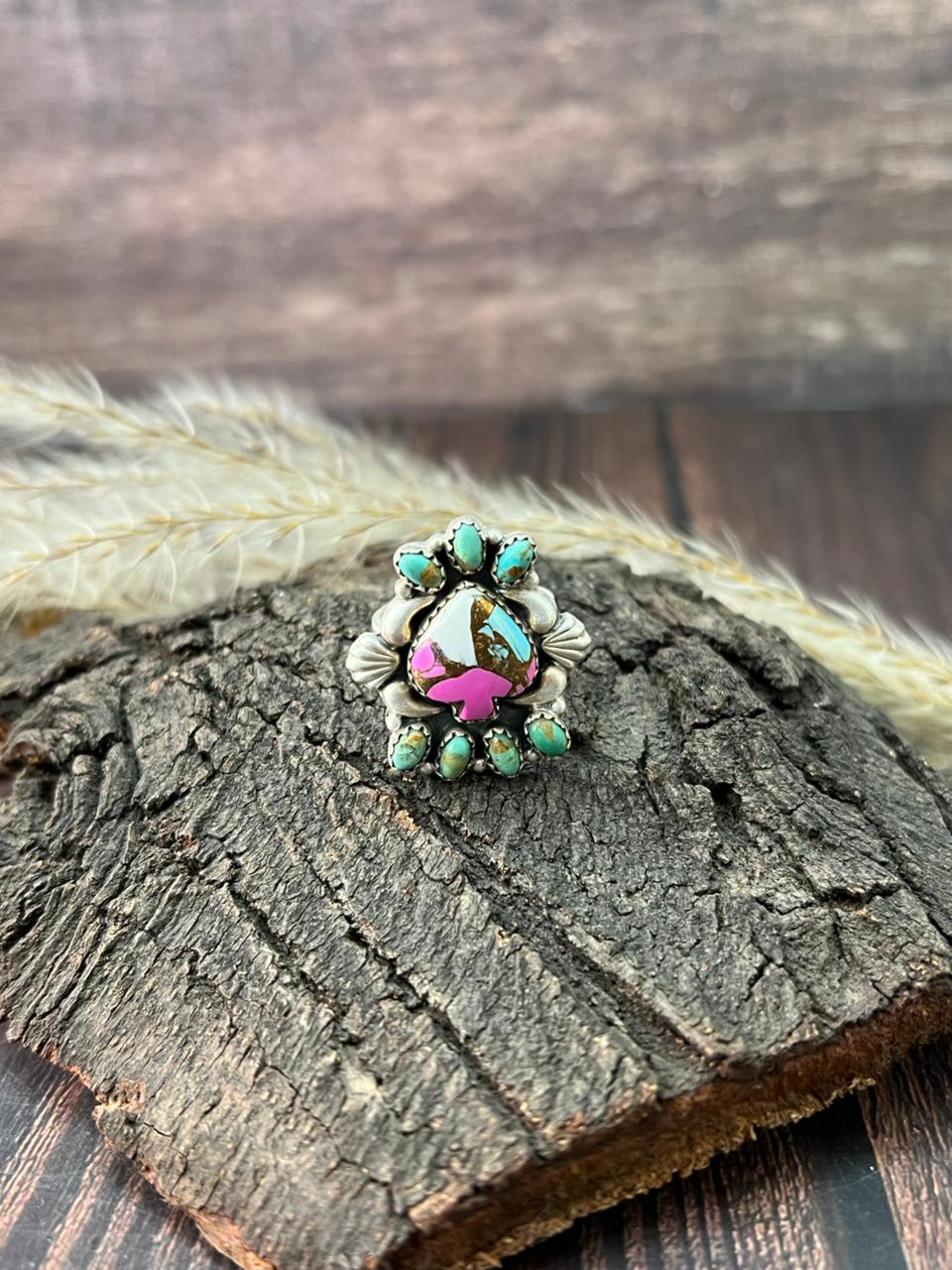 Handmade Sterling Silver Cotton Candy with Kingman Turquoise Adjustable Ring "Signed Nizhoni"