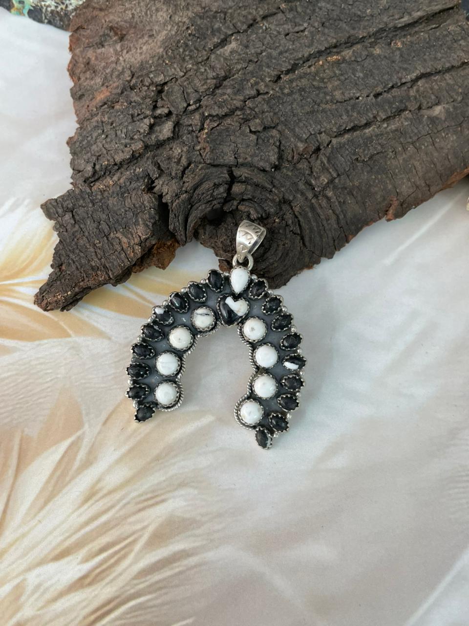 Handmade Sterling Silver White Buffalo Naja Pendant "Signed Nizhoni"