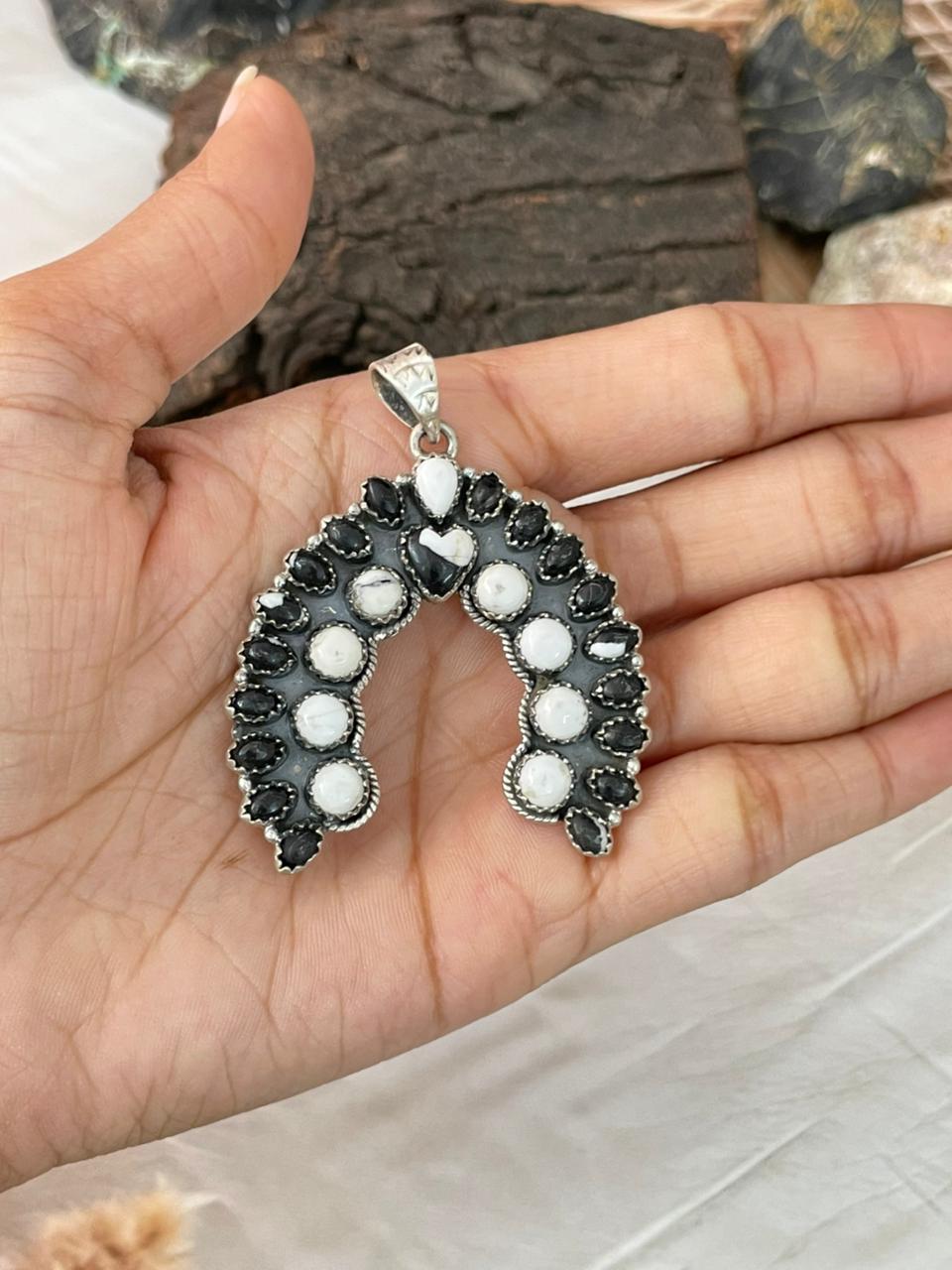Handmade Sterling Silver White Buffalo Naja Pendant "Signed Nizhoni"