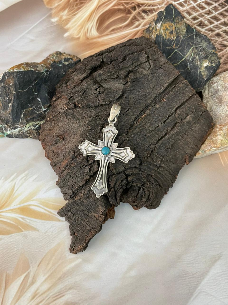 Handmade Sterling Silver Kingman Turquoise Cross Pendant "Signed Nizhoni"