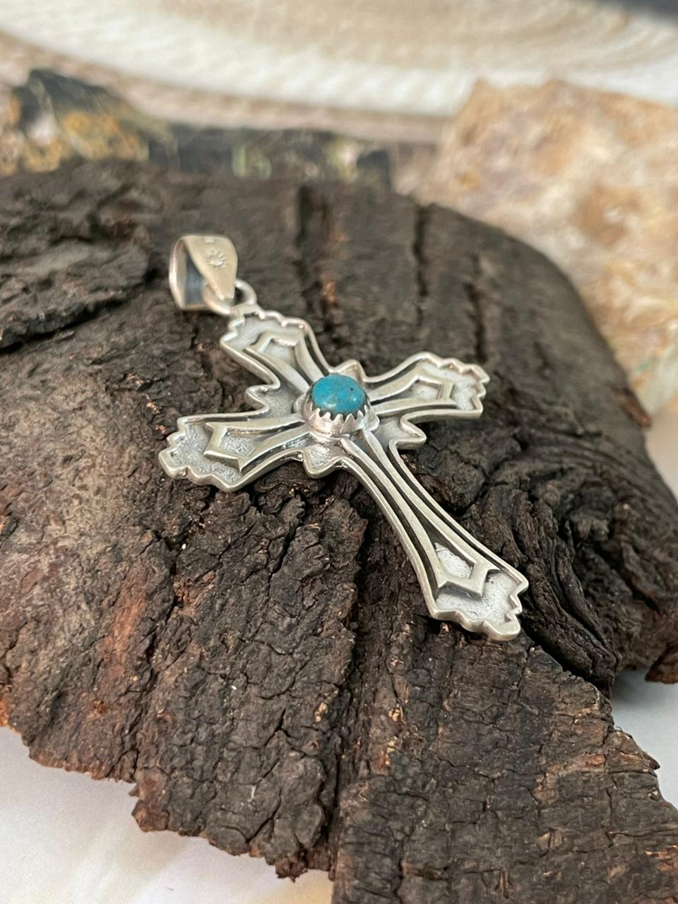 Handmade Sterling Silver Kingman Turquoise Cross Pendant "Signed Nizhoni"