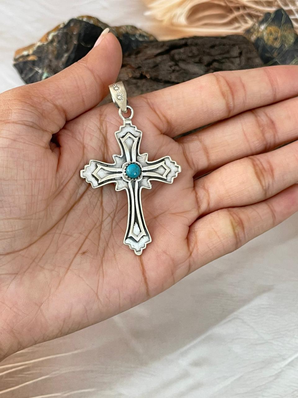 Handmade Sterling Silver Kingman Turquoise Cross Pendant "Signed Nizhoni"